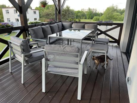 Nowoczesny narożnik ogrodowy z fotelami, pufami i stołem obiadowym 160cm Sodor Corner XL - Silver