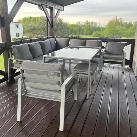 Nowoczesny narożnik ogrodowy z fotelami, pufami i stołem obiadowym 160cm Sodor Corner XL - Silver