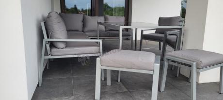 Nowoczesny narożnik ogrodowy z fotelami, pufami i stołem obiadowym 160cm Sodor Corner XL - Silver