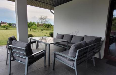 Nowoczesny narożnik ogrodowy z fotelami, pufami i stołem obiadowym 160cm Sodor Corner XL - Silver