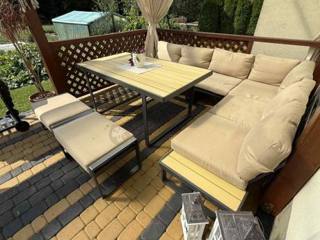 Nowoczesny narożnik ogrodowy z fotelem i stołem 160cm Panaon Corner XL WB