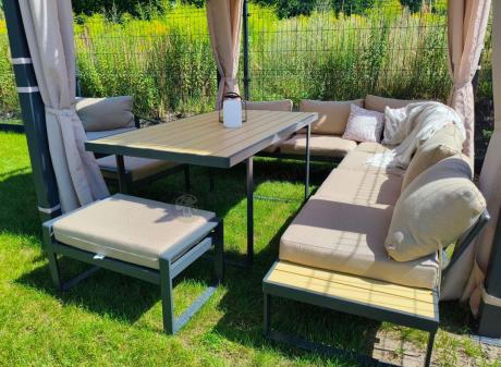 Nowoczesny narożnik ogrodowy z fotelem i stołem 160cm Panaon Corner XL WB