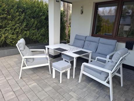 Nowoczesny zestaw białych mebli ogrodowych - sofa 202cm, stół obiadowy, fotele i pufy - Renalo Dining White