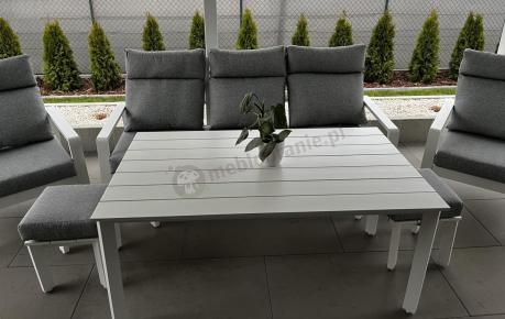 Nowoczesny zestaw białych mebli ogrodowych - sofa 202cm, stół obiadowy, fotele i pufy - Renalo Dining White