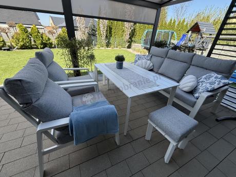 Nowoczesny zestaw białych mebli ogrodowych - sofa 202cm, stół obiadowy, fotele i pufy - Renalo Dining White