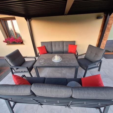 Nowoczesny zestaw mebli ogrodowych dla 8 osób z 2 sofami 200cm, 2 fotelami i stołem 150x90 cm Tavaro Grande Antracite