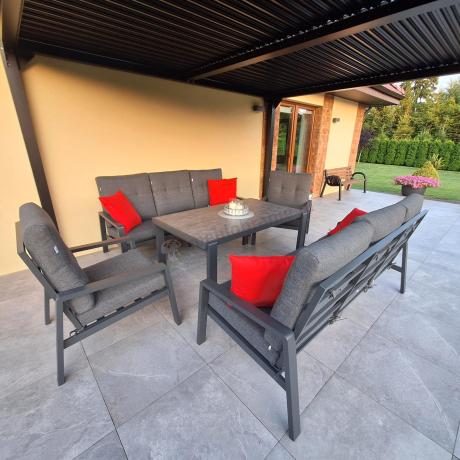 Nowoczesny zestaw mebli ogrodowych dla 8 osób z 2 sofami 200cm, 2 fotelami i stołem 150x90 cm Tavaro Grande Antracite