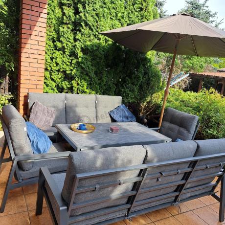 Nowoczesny zestaw mebli ogrodowych dla 8 osób z 2 sofami 200cm, 2 fotelami i stołem 150x90 cm Tavaro Grande Antracite