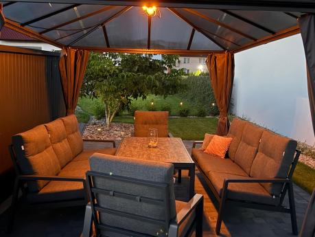 Nowoczesny zestaw mebli ogrodowych dla 8 osób z 2 sofami 200cm, 2 fotelami i stołem 150x90 cm Tavaro Grande Antracite