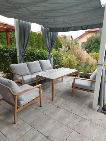 Nowoczesny zestaw mebli Origo z sofą, fotelami i stolikiem - imitacja drewna - Light Grey