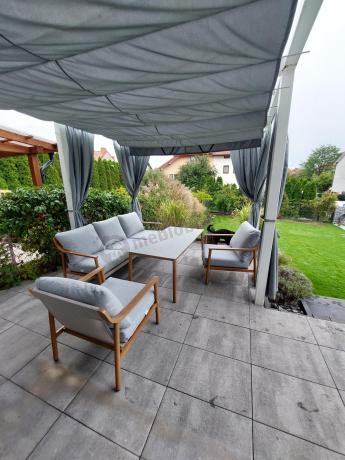 Nowoczesny zestaw mebli Origo z sofą, fotelami i stolikiem - imitacja drewna - Light Grey