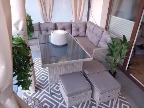 OUTLET - Szary narożnik technorattan 190x140cm ze stołem obiadowym i pufami Torino Corner Grey