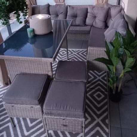 OUTLET - Szary narożnik technorattan 190x140cm ze stołem obiadowym i pufami Torino Corner Grey