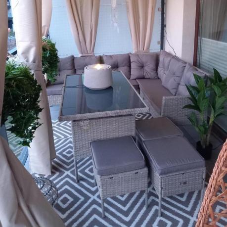 OUTLET - Szary narożnik technorattan 190x140cm ze stołem obiadowym i pufami Torino Corner Grey