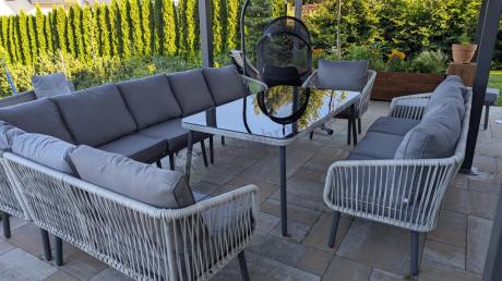 Szare meble na taras - zestaw z narożnikiem, fotelem i i pufami - Postigo Corner XXL