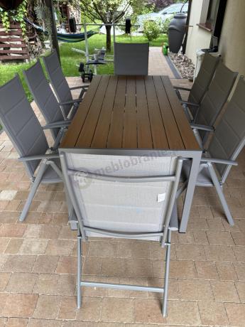Szare meble ogrodowe - komplet stół i 8 regulowanych krzeseł - Kanbery Wood Silver 8+1