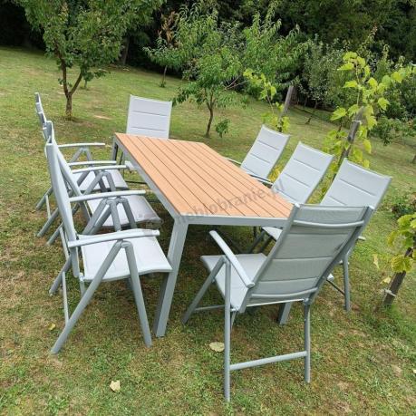 Szare meble ogrodowe - komplet stół i 8 regulowanych krzeseł - Kanbery Wood Silver 8+1