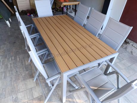 Szare meble ogrodowe - komplet stół i 8 regulowanych krzeseł - Kanbery Wood Silver 8+1