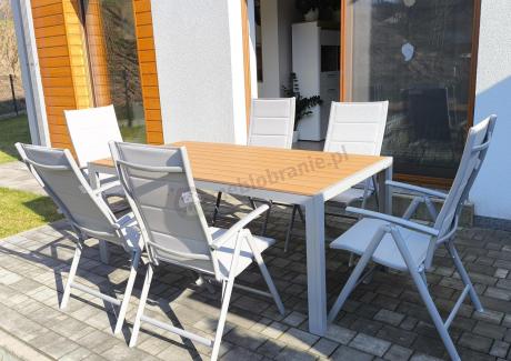 Szare meble ogrodowe - komplet stół i 8 regulowanych krzeseł - Kanbery Wood Silver 8+1
