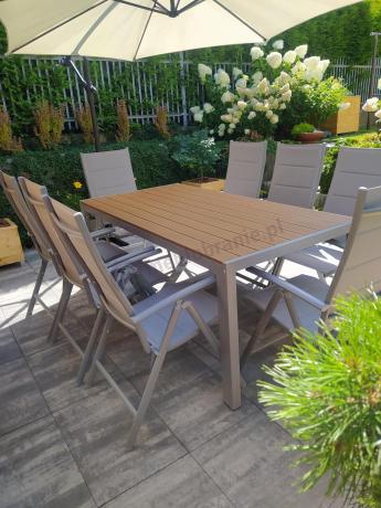 Szare meble ogrodowe - komplet stół i 8 regulowanych krzeseł - Kanbery Wood Silver 8+1