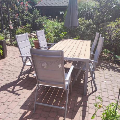 Szare meble ogrodowe - komplet stół i 8 regulowanych krzeseł - Kanbery Wood Silver 8+1