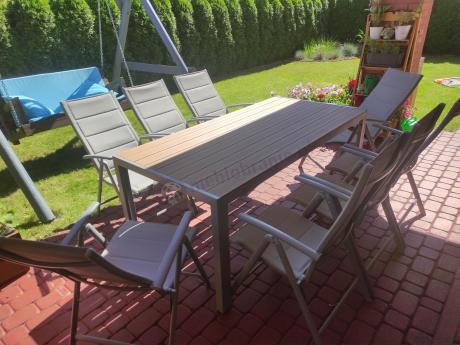 Szare meble ogrodowe - komplet stół i 8 regulowanych krzeseł - Kanbery Wood Silver 8+1