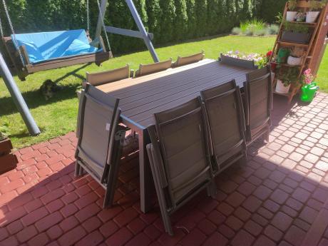 Szare meble ogrodowe - komplet stół i 8 regulowanych krzeseł - Kanbery Wood Silver 8+1