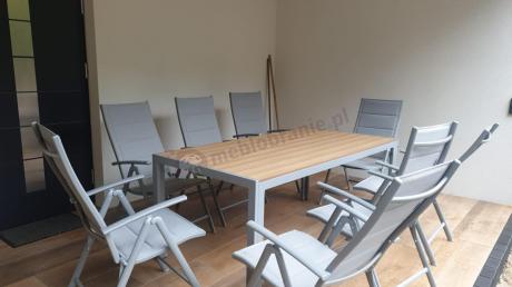 Szare meble ogrodowe - komplet stół i 8 regulowanych krzeseł - Kanbery Wood Silver 8+1