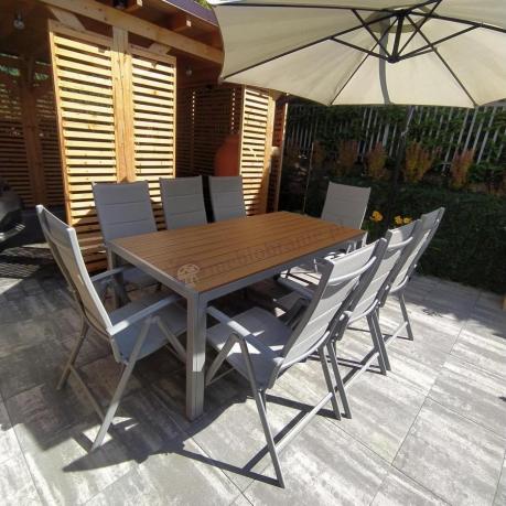 Szare meble ogrodowe - komplet stół i 8 regulowanych krzeseł - Kanbery Wood Silver 8+1