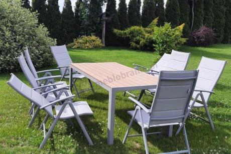 Szare meble ogrodowe - komplet stół i 8 regulowanych krzeseł - Kanbery Wood Silver 8+1