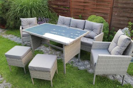Szare meble ogrodowe technorattan ze stołem obiadowym i sofą Torino Dining