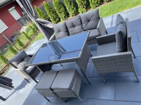 Szare meble ogrodowe technorattan ze stołem obiadowym i sofą Torino Dining