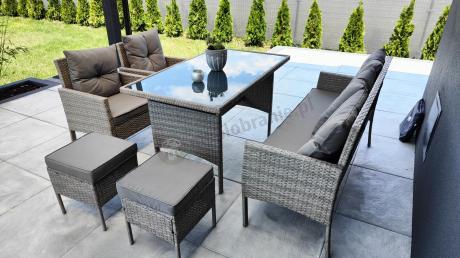 Szare meble ogrodowe technorattan ze stołem obiadowym i sofą Torino Dining