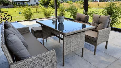 Szare meble ogrodowe technorattan ze stołem obiadowym i sofą Torino Dining