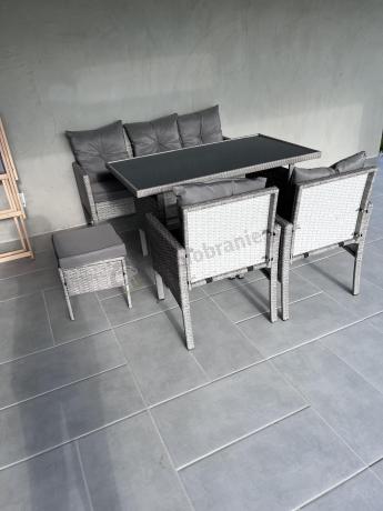 Szare meble ogrodowe technorattan ze stołem obiadowym i sofą Torino Dining