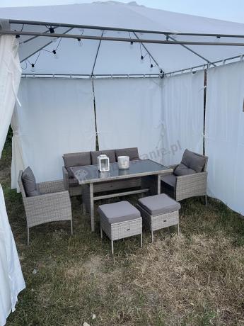 Szare meble ogrodowe technorattan ze stołem obiadowym i sofą Torino Dining