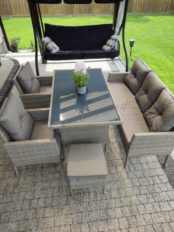 Szare meble ogrodowe technorattan ze stołem obiadowym i sofą Torino Dining