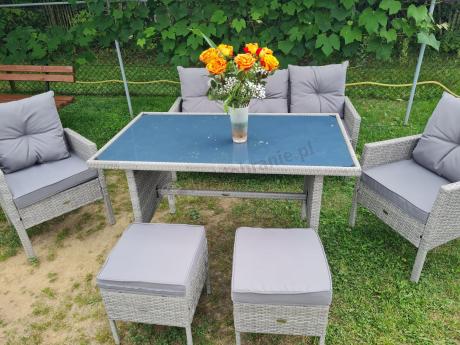 Szare meble ogrodowe technorattan ze stołem obiadowym i sofą Torino Dining
