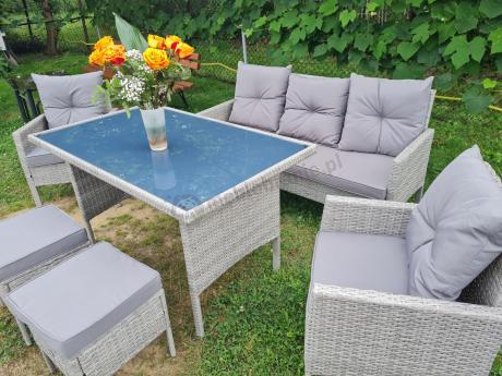 Szare meble ogrodowe technorattan ze stołem obiadowym i sofą Torino Dining