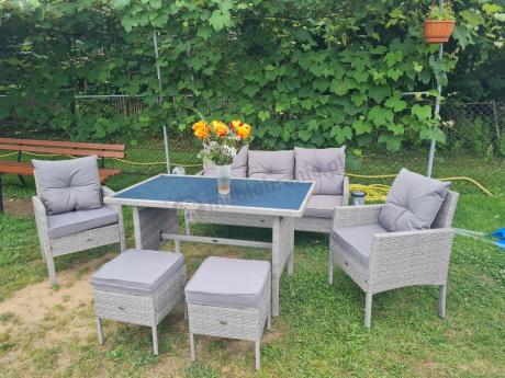 Szare meble ogrodowe technorattan ze stołem obiadowym i sofą Torino Dining