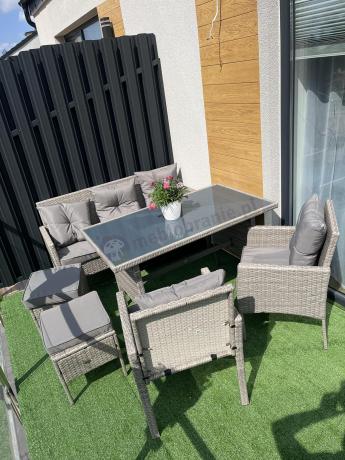Szare meble ogrodowe technorattan ze stołem obiadowym i sofą Torino Dining