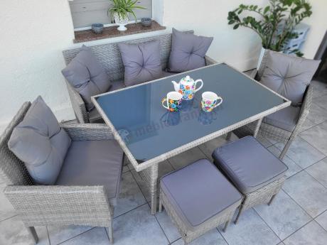 Szare meble ogrodowe technorattan ze stołem obiadowym i sofą Torino Dining