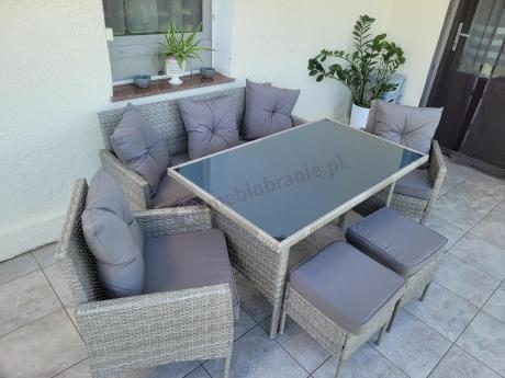 Szare meble ogrodowe technorattan ze stołem obiadowym i sofą Torino Dining