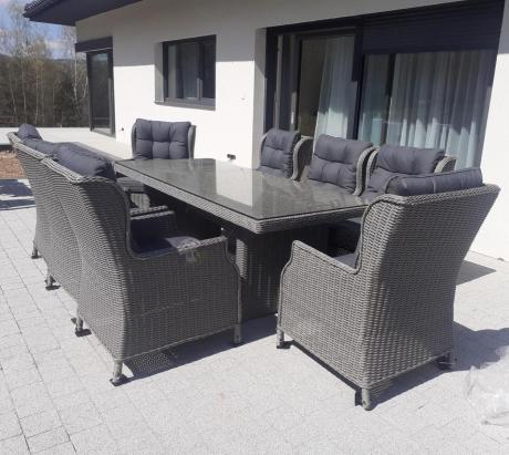 Szare meble ogrodowe technorattanowe - stół 220cm + 8 foteli Laritto