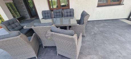 Szare meble ogrodowe technorattanowe - stół 220cm + 8 foteli Laritto