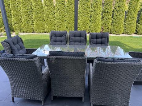 Szare meble ogrodowe technorattanowe - stół 220cm + 8 foteli Laritto