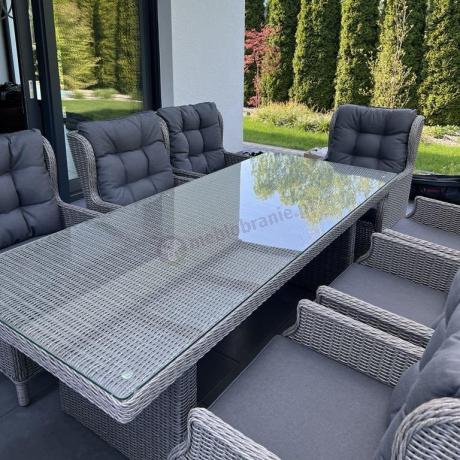 Szare meble ogrodowe technorattanowe - stół 220cm + 8 foteli Laritto