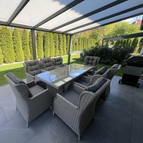 Szare meble ogrodowe technorattanowe - stół 220cm + 8 foteli Laritto