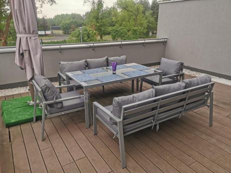 Szare meble tarasowe metalowe z sofami 175cm i wysokim stołem Sodor Grande - Silver