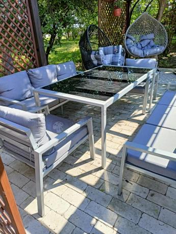 Szare meble tarasowe metalowe z sofami 175cm i wysokim stołem Sodor Grande - Silver